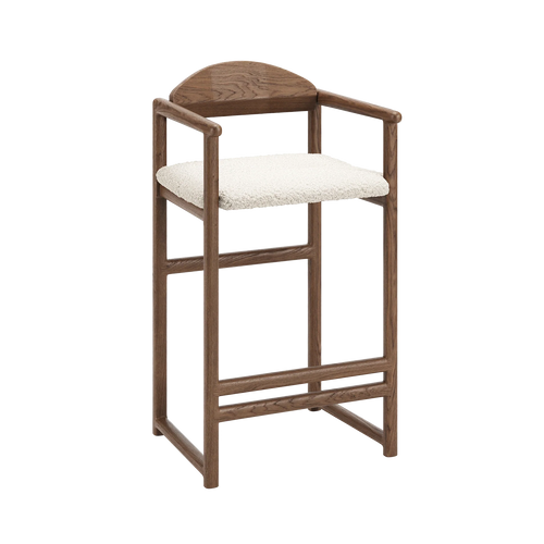 Carl Bar Stool by Crea in dark oak with a curved backrest and ivory bouclé cushion seat, handcrafted Scandinavian design with armrests.