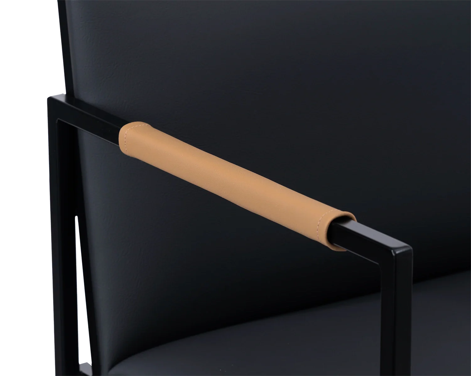 Detail of Bruno Bar Stool armrest in black frame with vegan leather cover | by Crea.