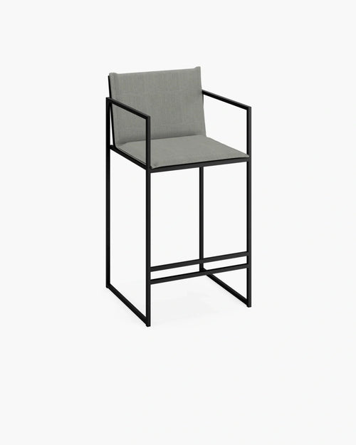 Bruno outdoor bar stool with sleek black frame and grey cushion, perfect for summer moments in your outdoor space.