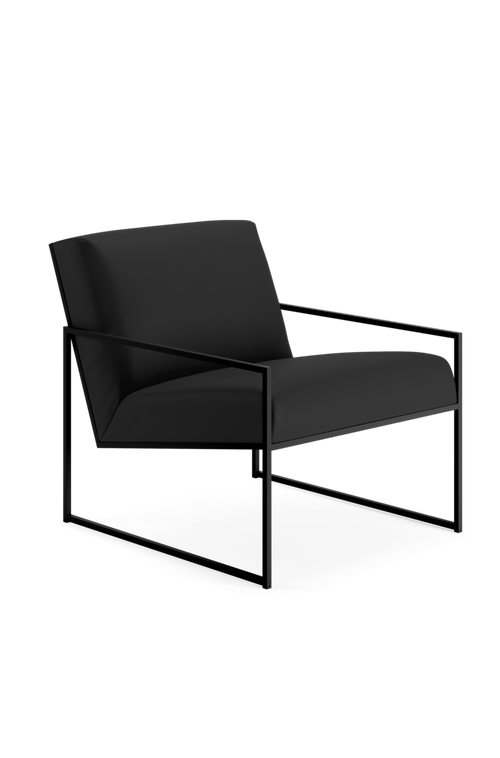 Front view of the Kent Accent Chair from by Crea, featuring a sleek black steel frame paired with black vegan leather upholstery, offering a modern and minimalist Scandinavian look.