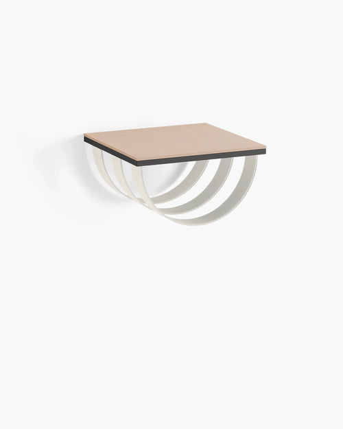 Lisa wall shelf in black frame with oak top and sand leather accents, ideal for modern interior decor and stylish storage.