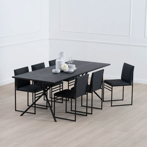 Melker dining table in black oak with six matching chairs, stylish dining room setup for modern interiors.