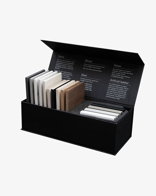 Luxury Sample Box showcasing materials like stone, wood, and velvet for a detailed exploration before commitment.