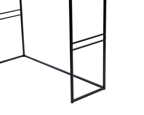 Close-up of black powder-coated steel frame of a minimalist Scandinavian sideboard, durable base with clean, geometric lines.