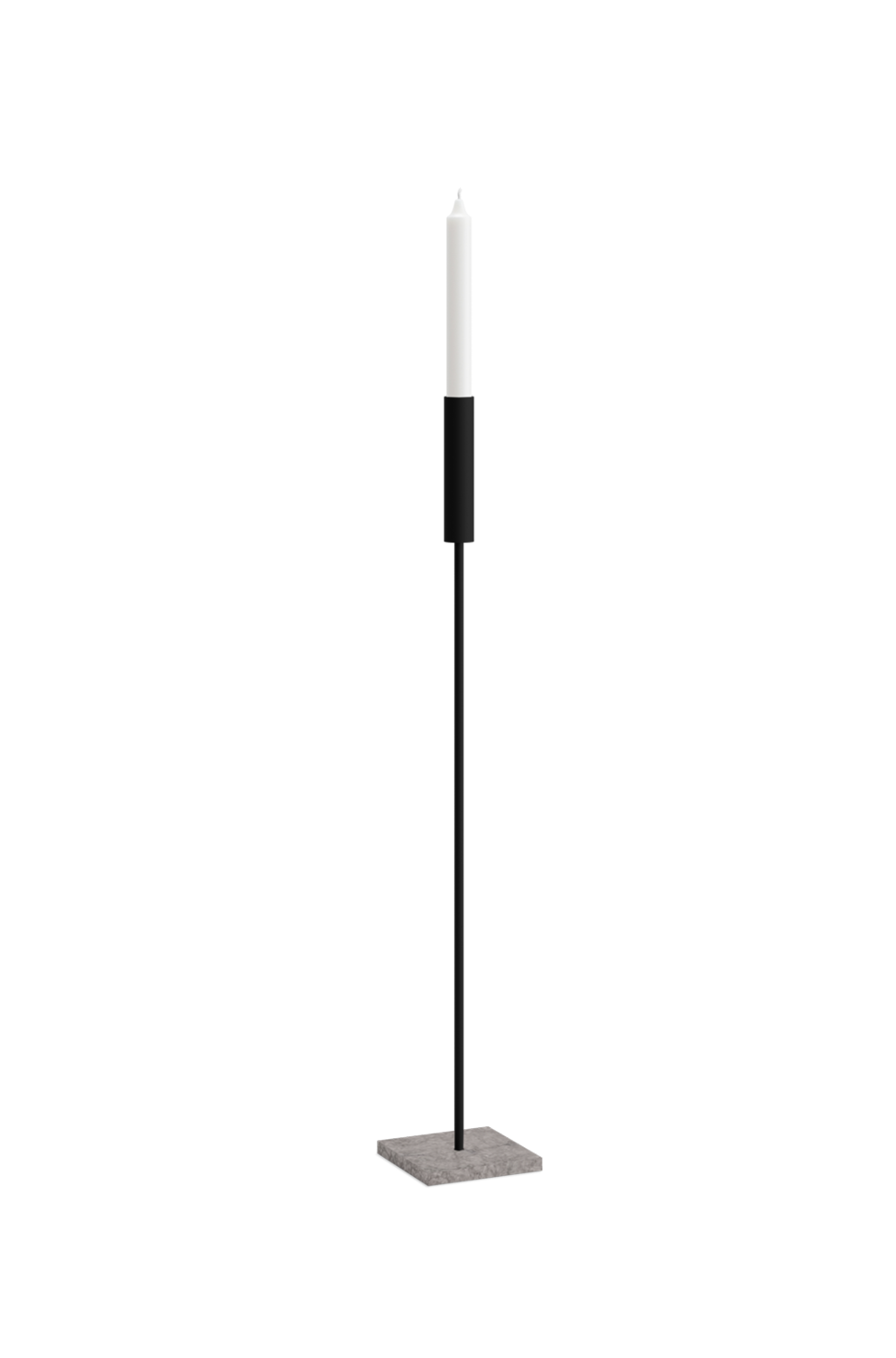 Front view of Vera candle holder in black frame with slim minimalist design and white taper candle, set on a square Caesarstone base.