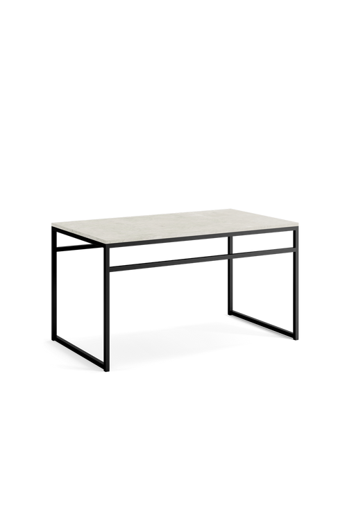 Front view of the Wilma outdoor bench by Crea, featuring a black powder-coated frame and a Dekton stone top.