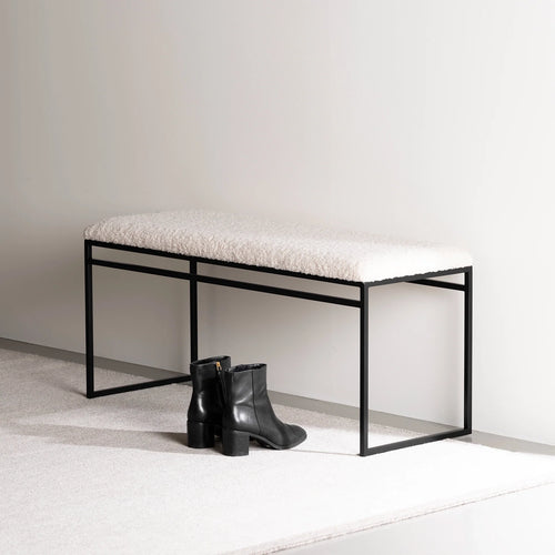 Wilma bench in black with ivory bouclé, perfect for hallway or entryway, showcasing Scandinavian design.