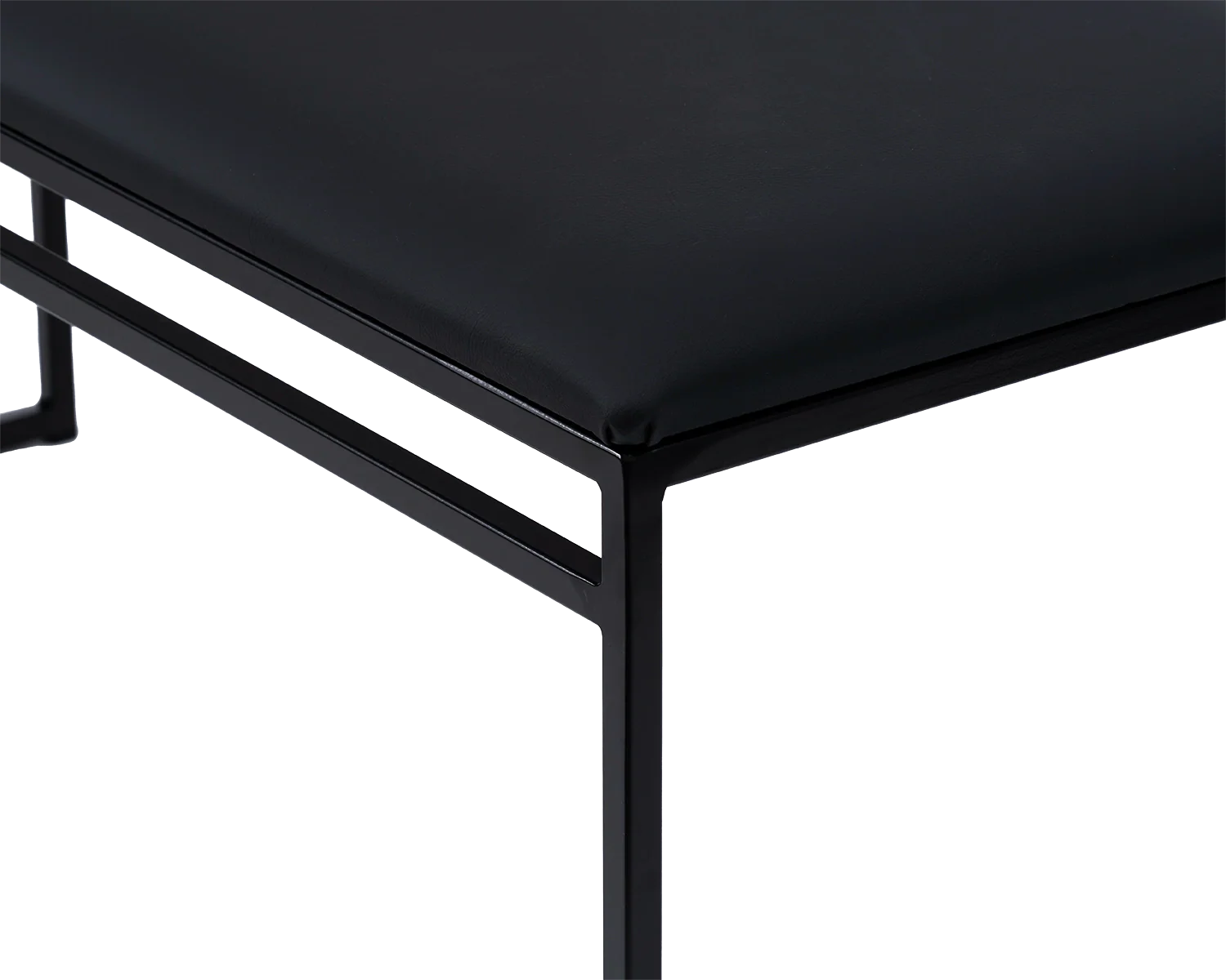 Wilma Steel Bench corner detail with black powder-coated frame and fitted black vegan leather cushion | by Crea.