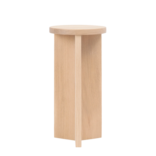 Affe Pedestal by Crea in solid oak, featuring a minimalist three-leg design with a round top and natural wood grain finish.