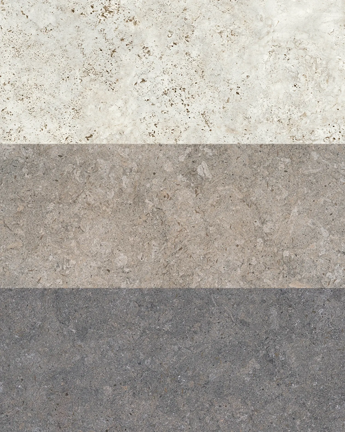 Dekton surface samples in layered tones of light beige, earthy taupe, and graphite grey, showcasing the material’s natural texture, tonal depth, and modern color options for countertops or furniture.