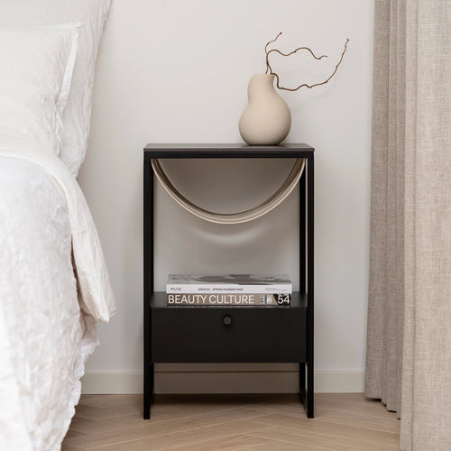 Iris bed table in black with Kelya dekton top, featuring stylish storage and modern design for a chic bedroom.
