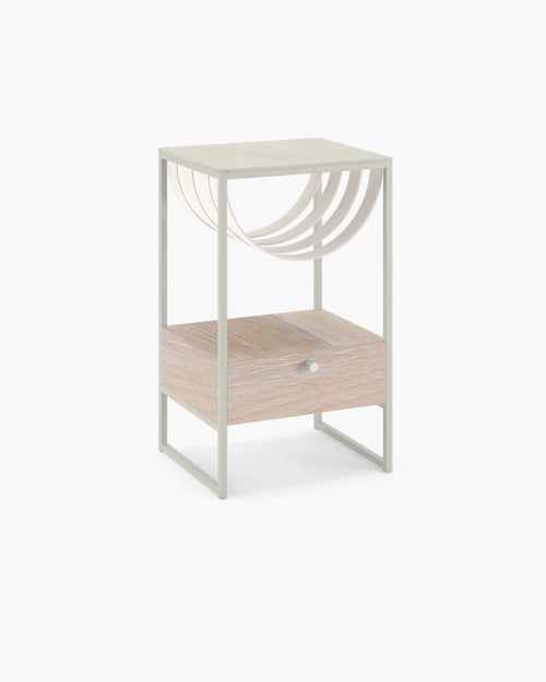 Iris bed table in beige with lunar dekton top and stylish design, perfect for bedroom decor and functionality.