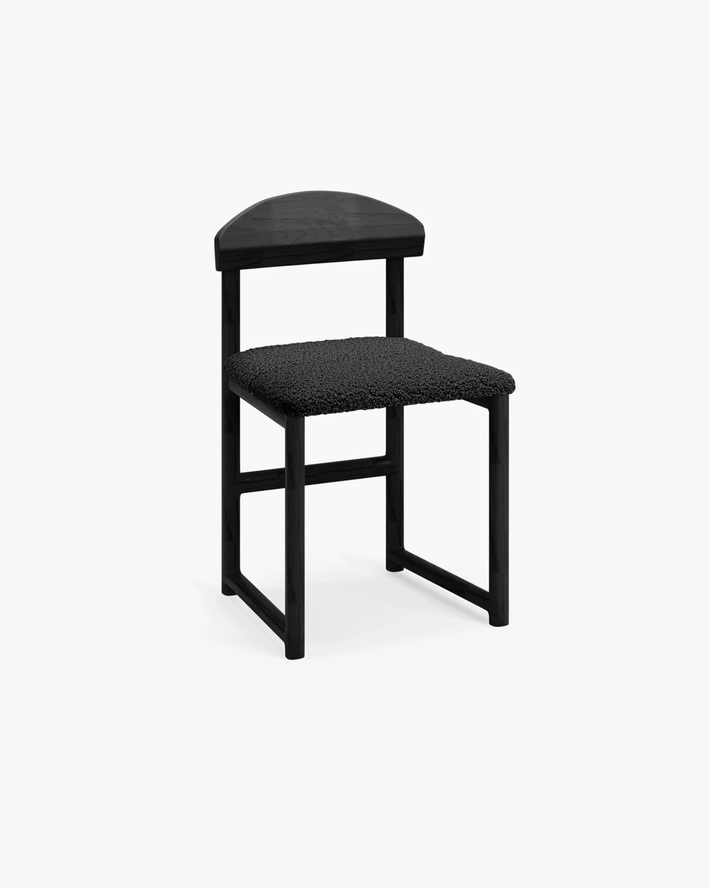 Karin dining chair in black oak and black bouclé, a chic all-black design with timeless elegance.