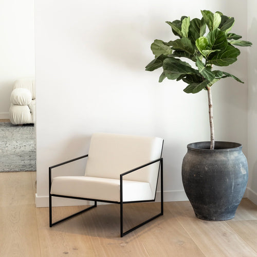 Front view of the Kent Accent Chair in a sleek black steel frame with plush ivory cushion upholstery by Crea. Set against a minimalist white wall and wooden floor with a large potted plant for a modern Scandinavian touch.