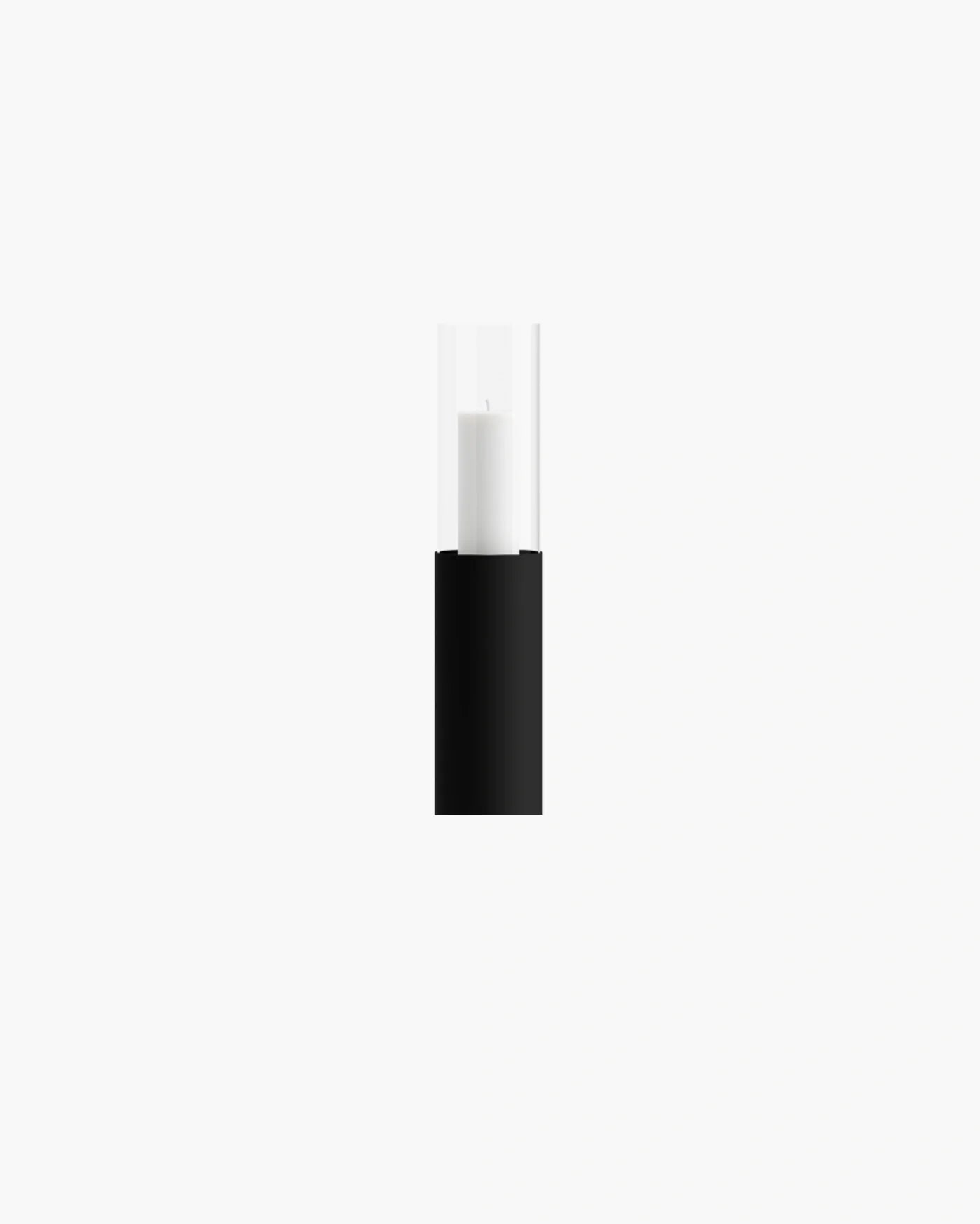 Thomas glass cylinder showcasing minimalistic design with a black base and clear top, perfect for modern decor.