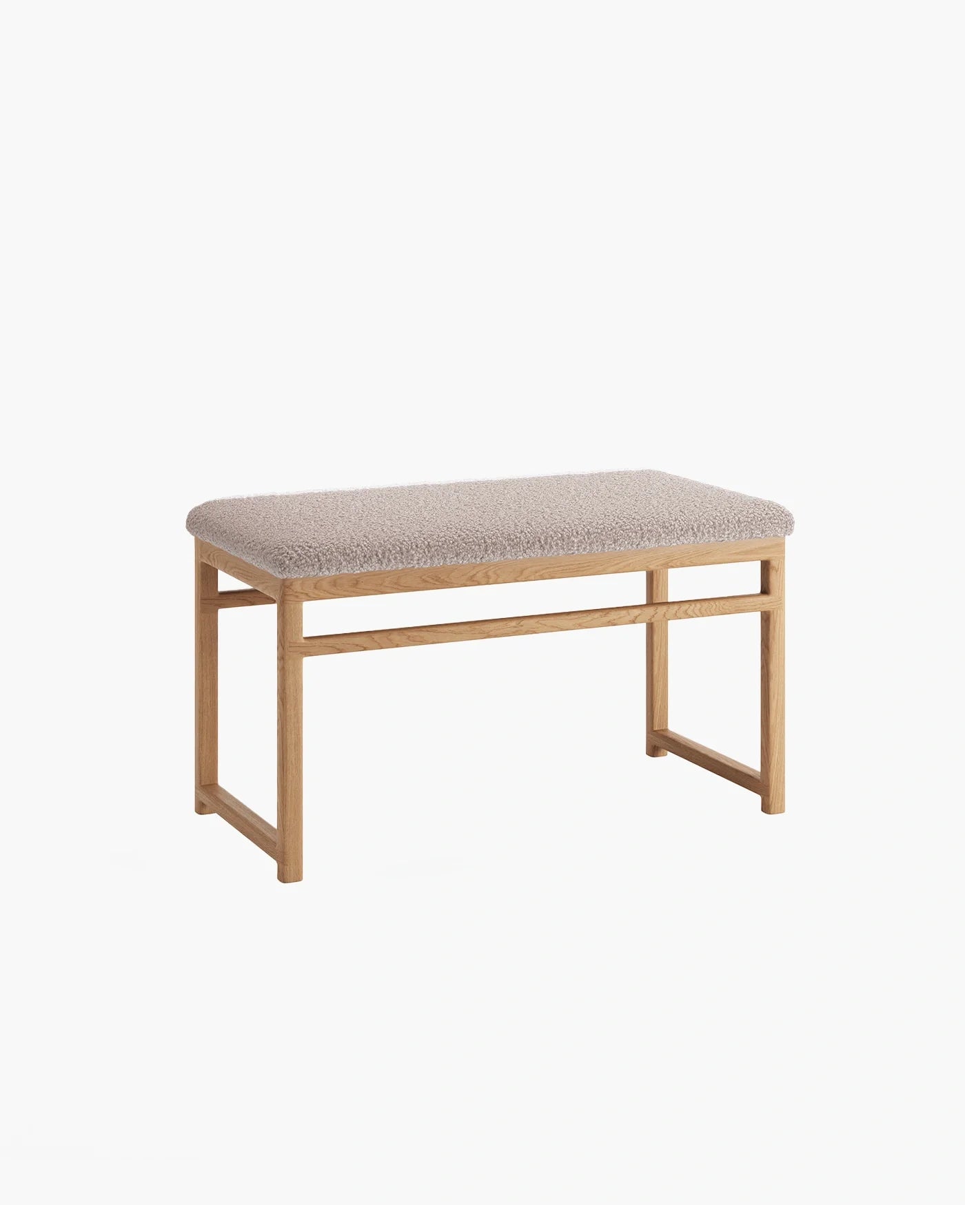 Wilma oak wood bench with soft greige bouclé upholstery, ideal for entryways or bedrooms.