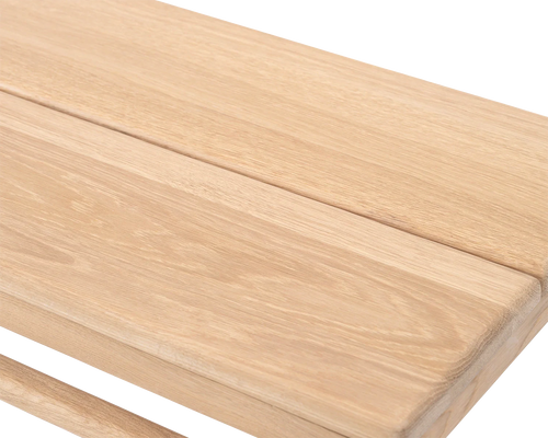 Close-up of Wilma Wooden Bench top in natural oak finish, showing smooth handcrafted grain detail | by Crea.